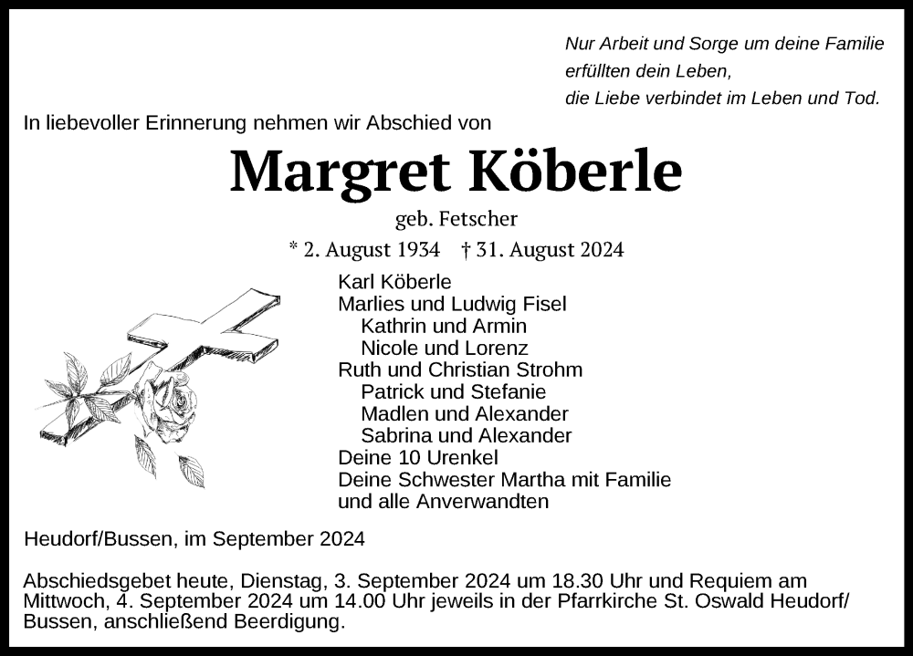  Traueranzeige für Margret Köberle vom 03.09.2024 aus Riedlingen