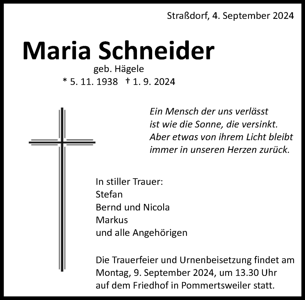  Traueranzeige für Maria Schneider vom 04.09.2024 aus Aalen /Ellwangen