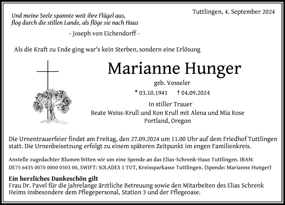  Traueranzeige für Marianne Hunger vom 21.09.2024 aus Tuttlingen, Spaichingen, Trossingen