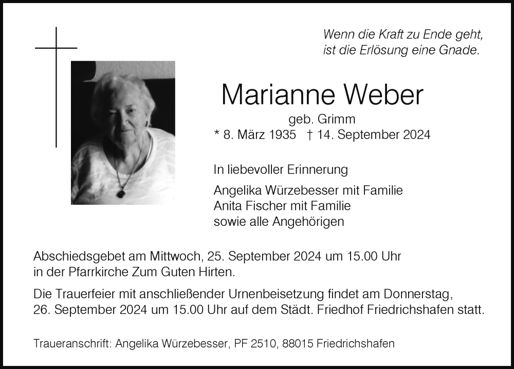  Traueranzeige für Marianne Weber vom 21.09.2024 aus Friedrichshafen