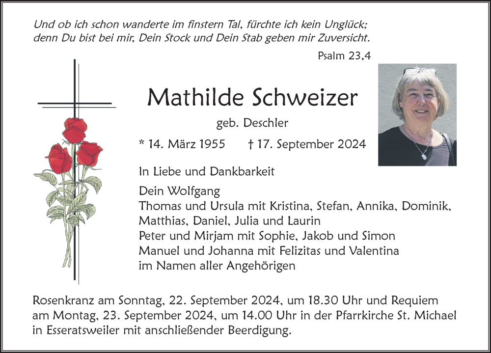  Traueranzeige für Mathilde Schweizer vom 20.09.2024 aus Lindau