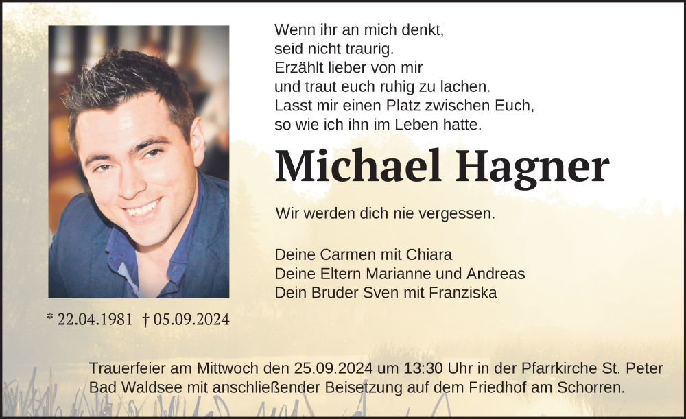  Traueranzeige für Michael Hagner vom 21.09.2024 aus Bad Waldsee