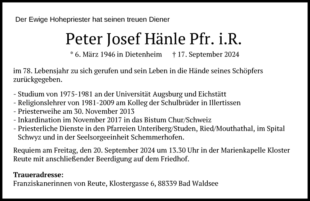  Traueranzeige für Peter Josef Hänle vom 18.09.2024 aus Biberach