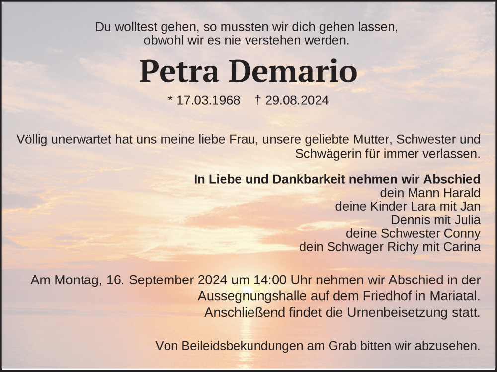  Traueranzeige für Petra Demario vom 10.09.2024 aus Ravensburg