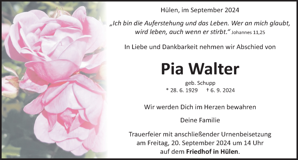  Traueranzeige für Pia Walter vom 14.09.2024 aus Aalen /Ellwangen