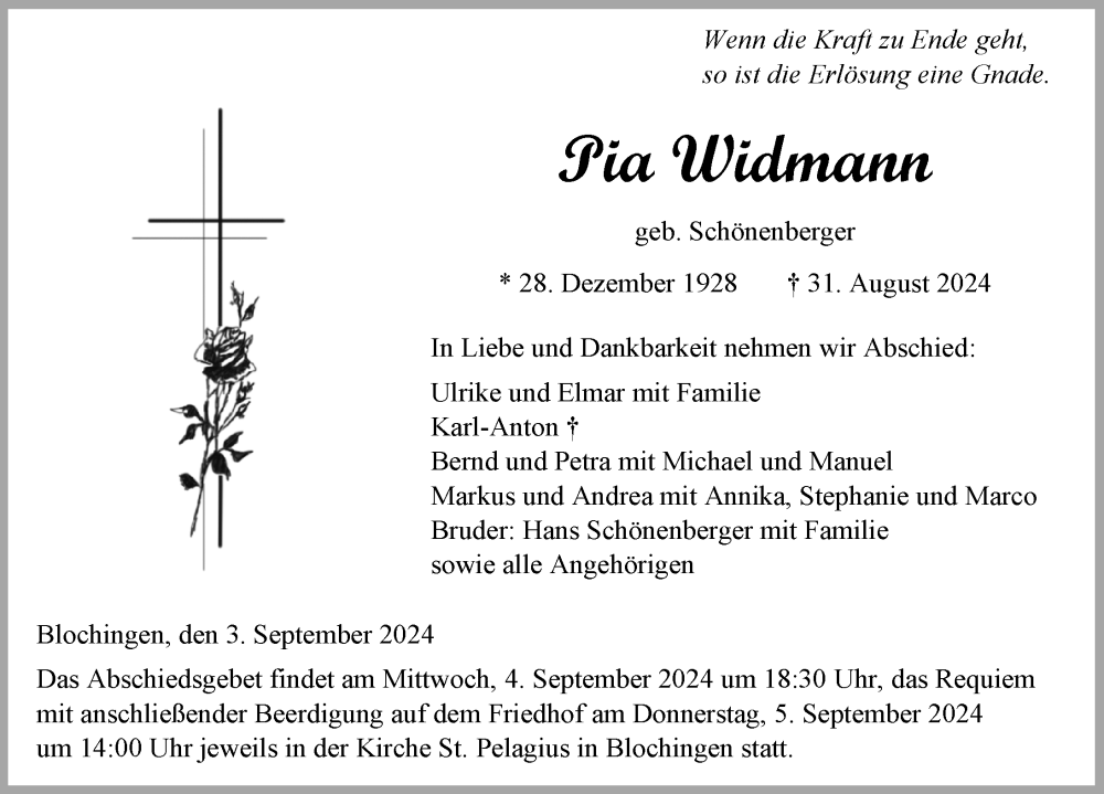  Traueranzeige für Pia Widmann vom 03.09.2024 aus Bad Saulgau