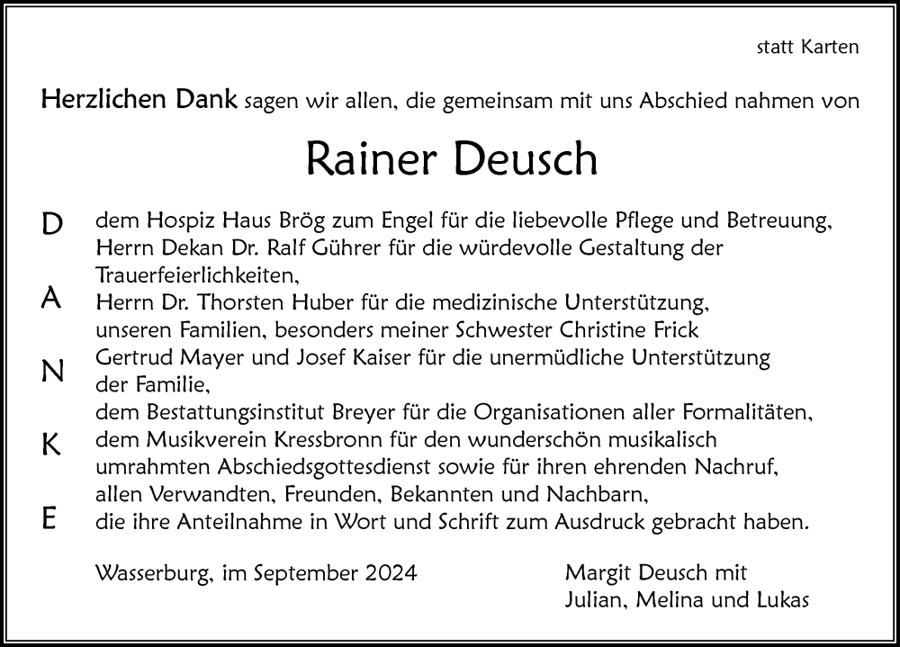  Traueranzeige für Rainer Deusch vom 28.09.2024 aus Lindau