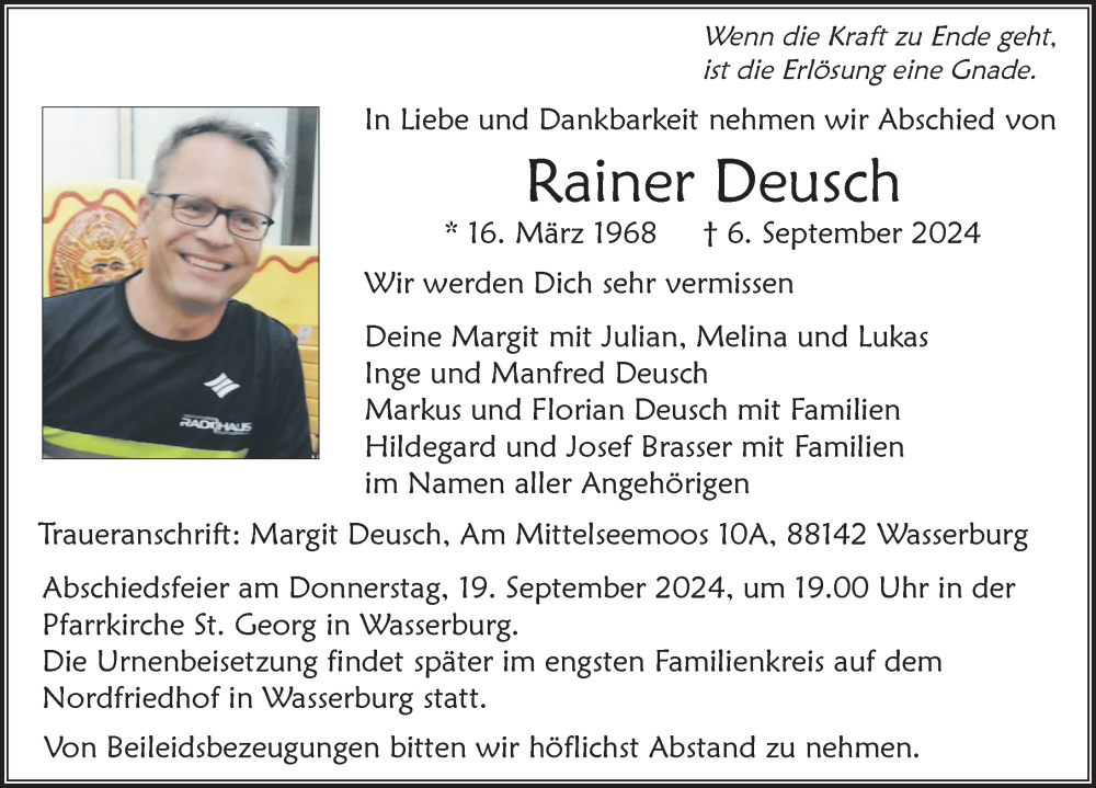  Traueranzeige für Rainer Deusch vom 14.09.2024 aus Lindau