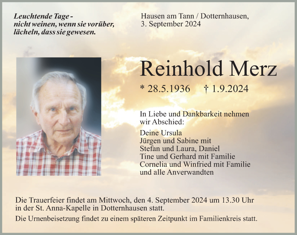  Traueranzeige für Reinhold Merz vom 03.09.2024 aus Balingen