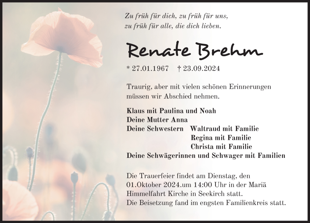  Traueranzeige für Renate Brehm vom 28.09.2024 aus Riedlingen