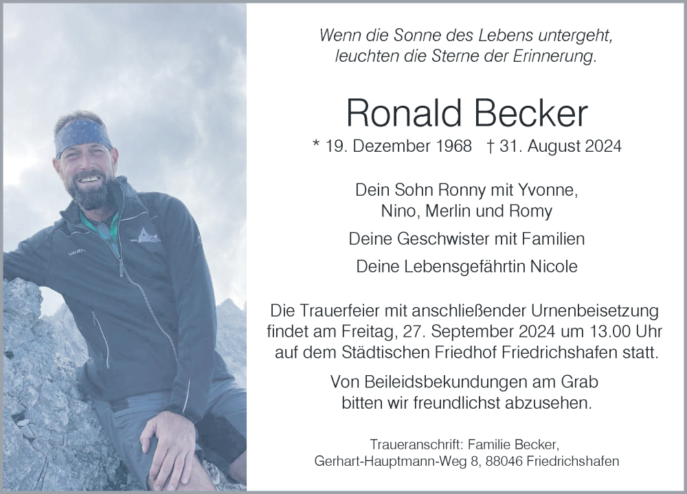  Traueranzeige für Ronald Becker vom 21.09.2024 aus Friedrichshafen