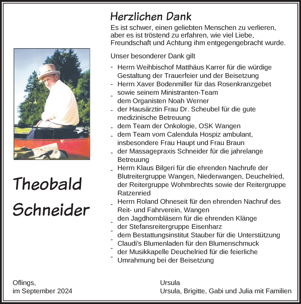  Traueranzeige für Theobald Schneider vom 07.09.2024 aus Wangen