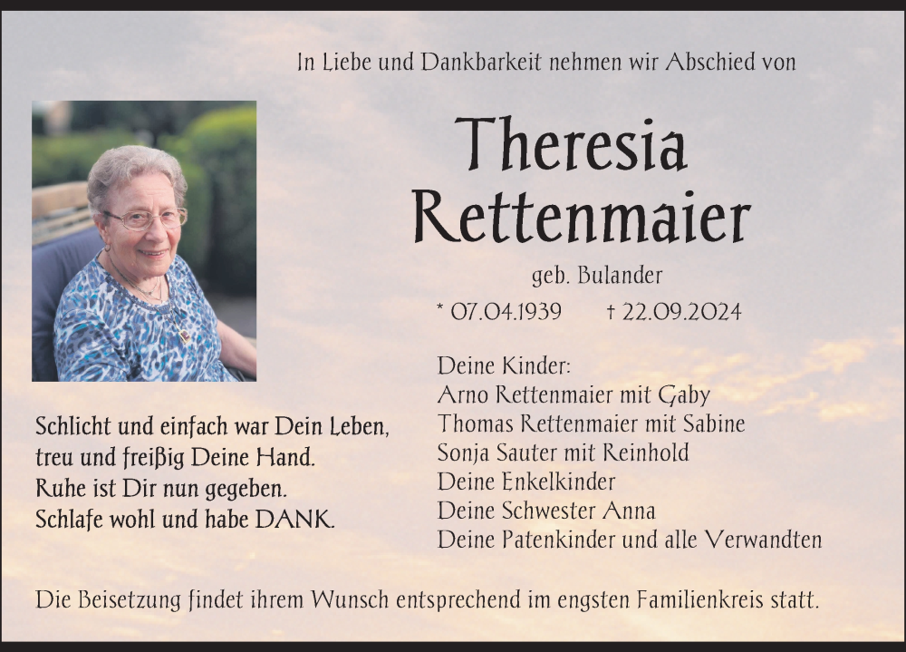  Traueranzeige für Theresia Rettenmaier vom 28.09.2024 aus Ravensburg