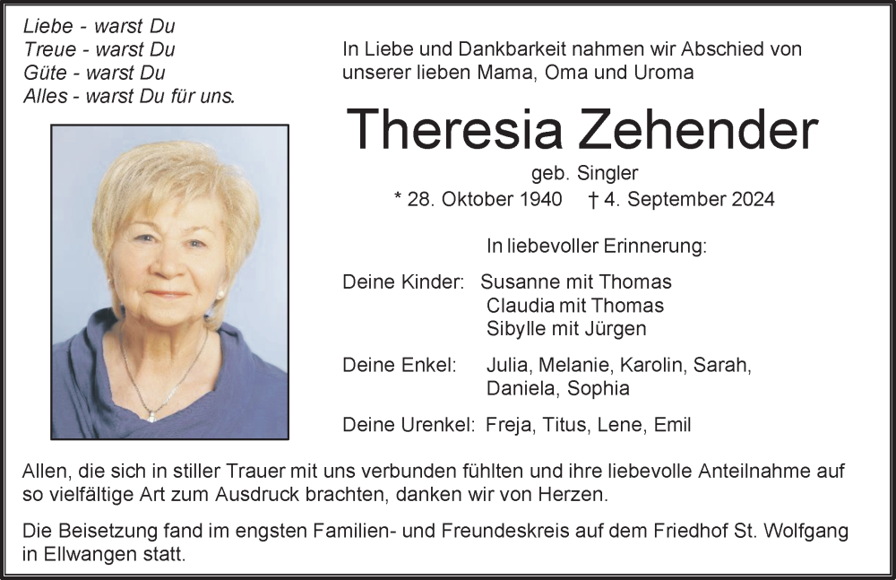  Traueranzeige für Theresia Zehender vom 24.09.2024 aus Aalen /Ellwangen