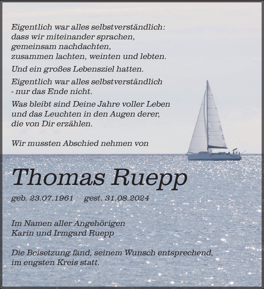  Traueranzeige für Thomas Ruepp vom 20.09.2024 aus Laupheim