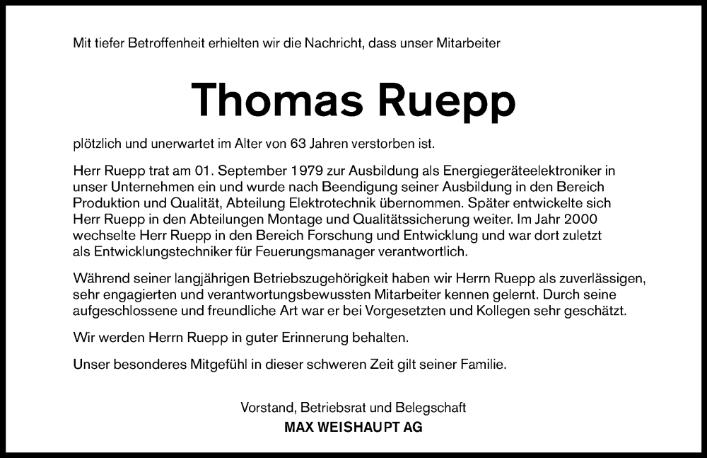  Traueranzeige für Thomas Ruepp vom 30.09.2024 aus Laupheim