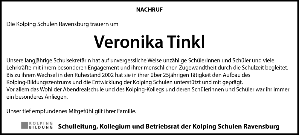  Traueranzeige für Veronika Tinkl vom 07.09.2024 aus Ravensburg