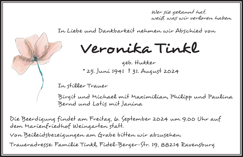  Traueranzeige für Veronika Tinkl vom 03.09.2024 aus Ravensburg