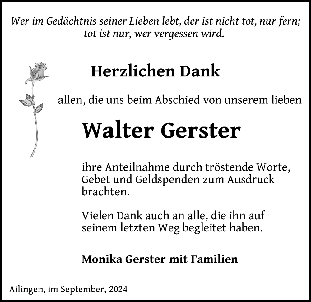  Traueranzeige für Walter Gerster vom 07.09.2024 aus Friedrichshafen