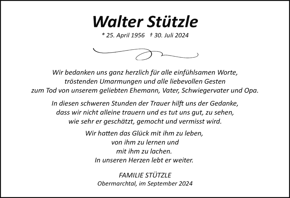  Traueranzeige für Walter Stützle vom 14.09.2024 aus Ehingen