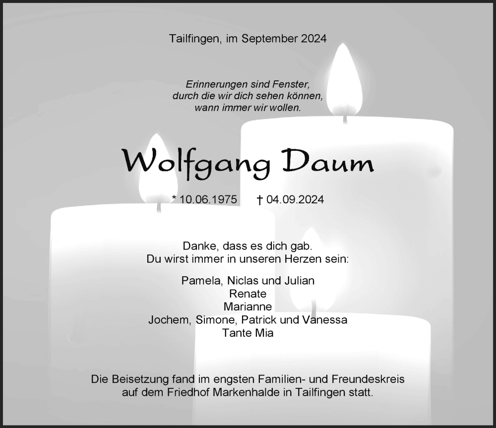  Traueranzeige für Wolfgang Daum vom 21.09.2024 aus Balingen