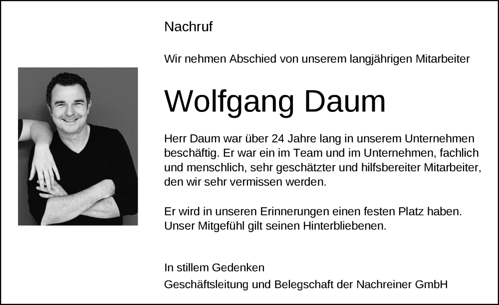  Traueranzeige für Wolfgang Daum vom 21.09.2024 aus Balingen