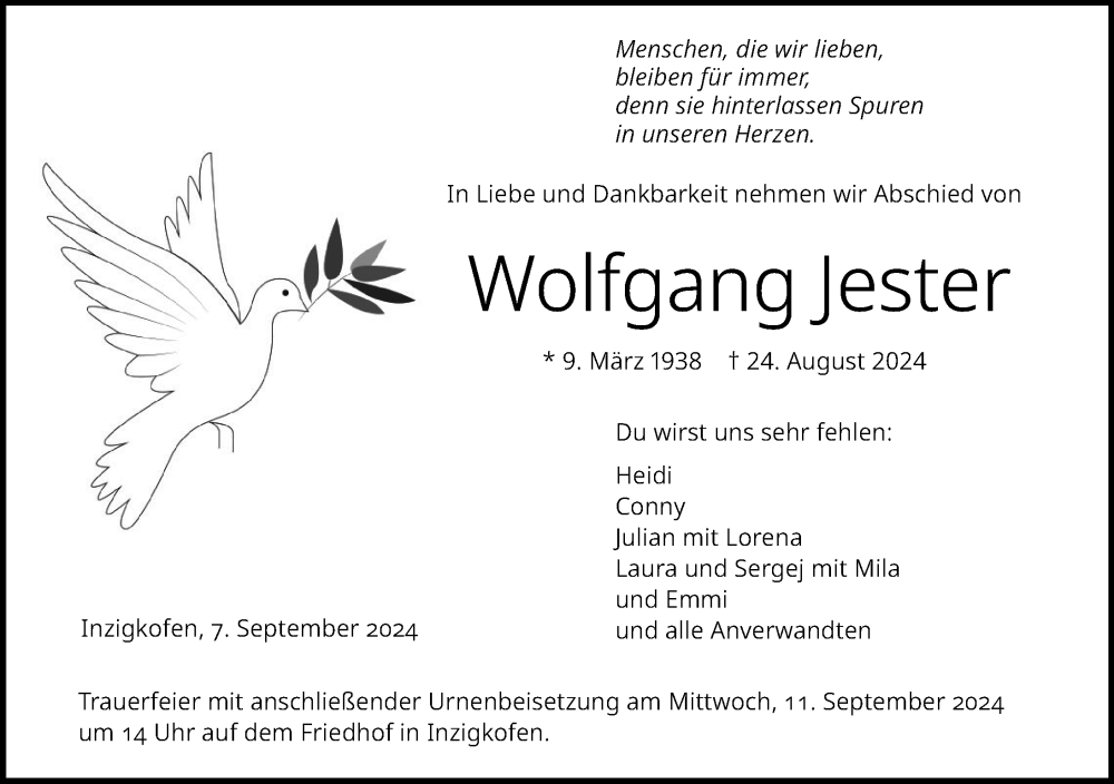  Traueranzeige für Wolfgang Jester vom 07.09.2024 aus Sigmaringen