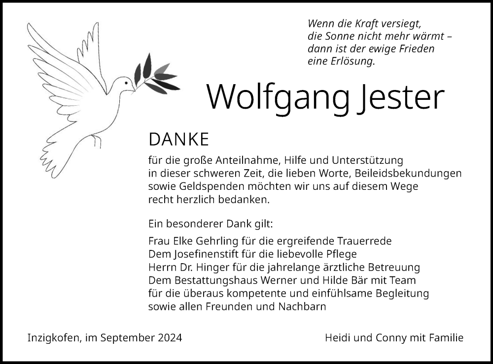  Traueranzeige für Wolfgang Jester vom 28.09.2024 aus Sigmaringen