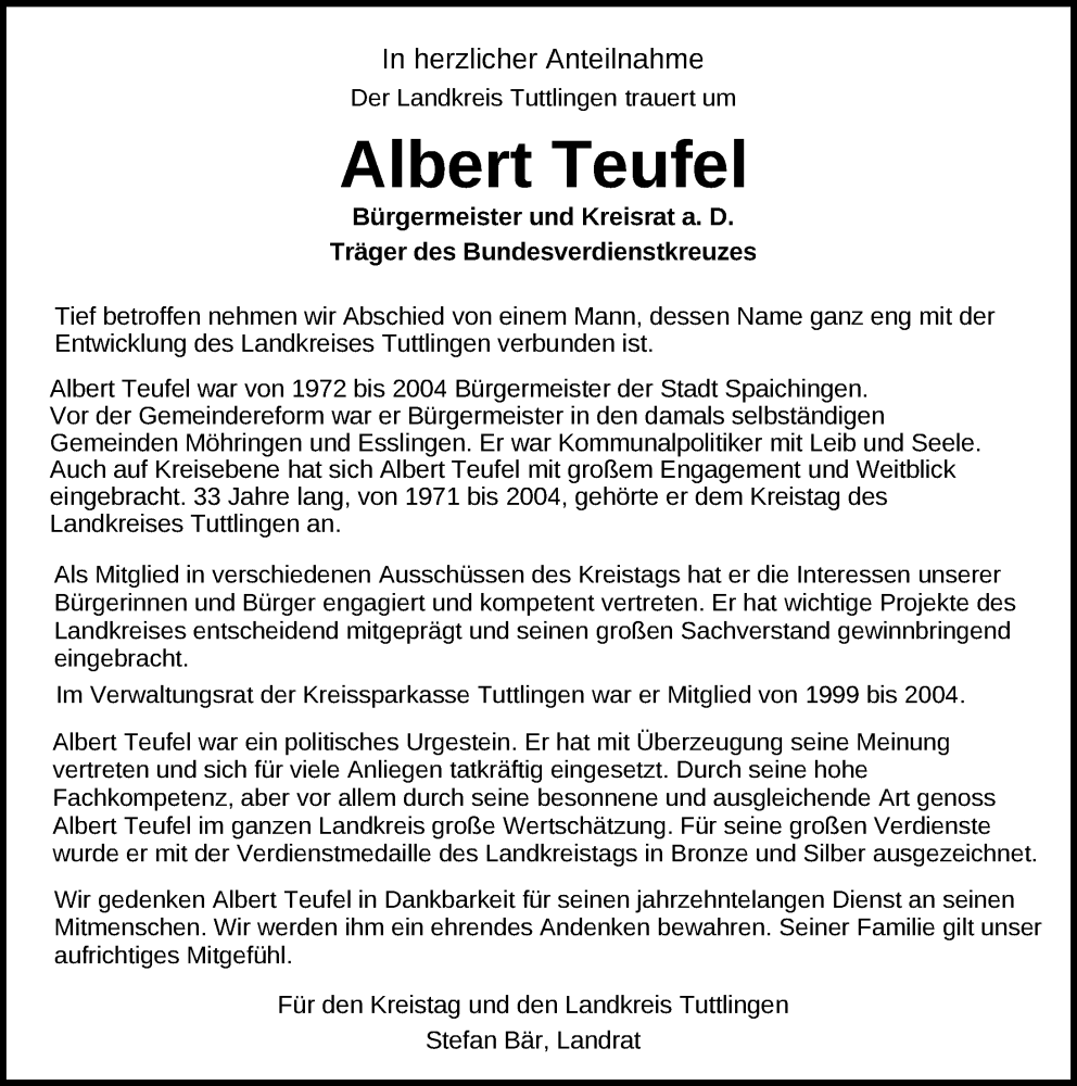  Traueranzeige für Albert Teufel vom 03.04.2025 aus Tuttlingen, Spaichingen, Trossingen