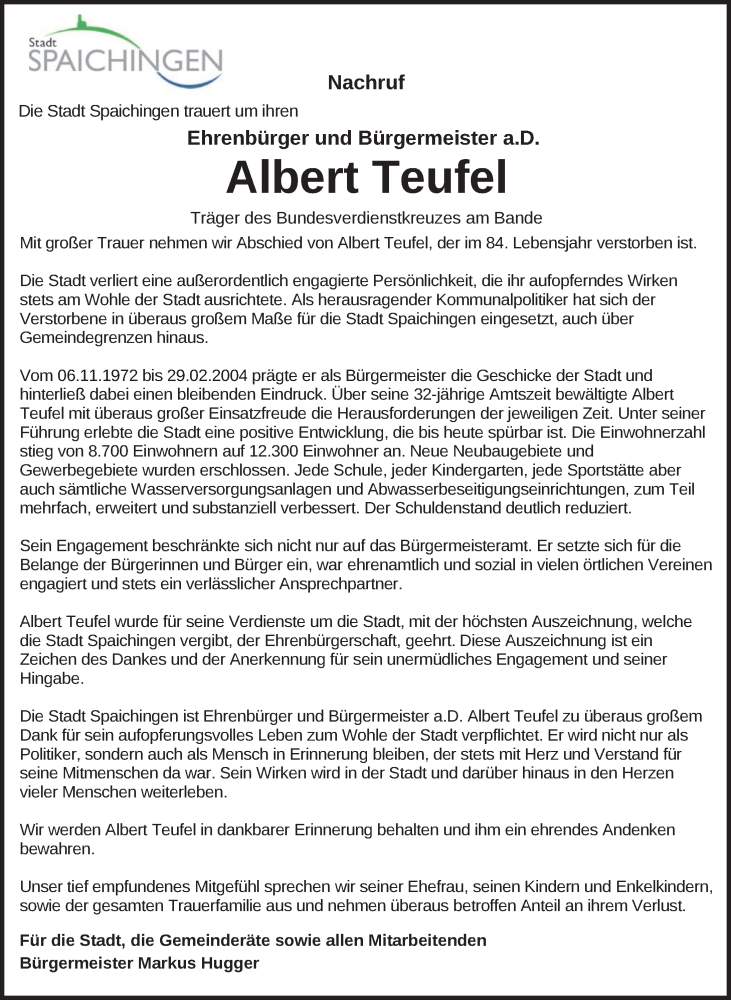  Traueranzeige für Albert Teufel vom 03.04.2025 aus Tuttlingen, Spaichingen, Trossingen