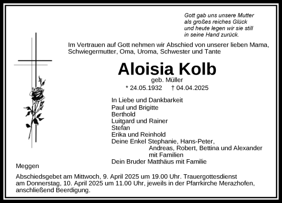 Anzeige von Aloisia Kolb von Leutkirch