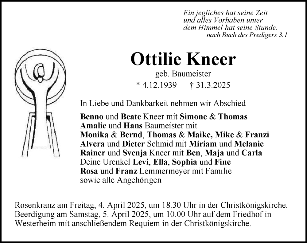  Traueranzeige für Ottilie Kneer vom 03.04.2025 aus Ehingen