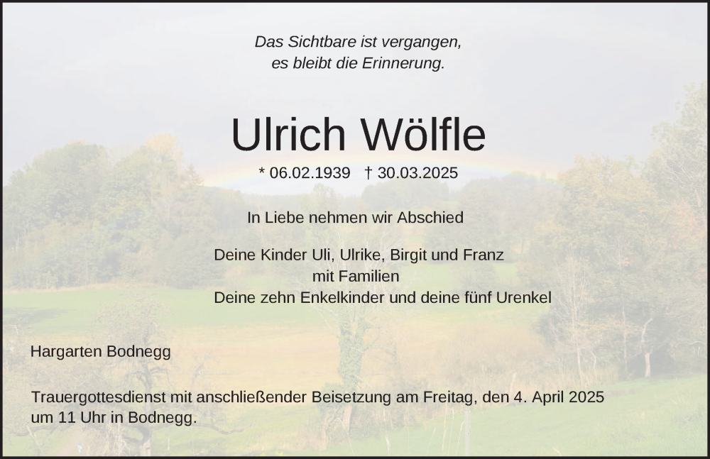  Traueranzeige für Ulrich Wölfle vom 02.04.2025 aus Ravensburg