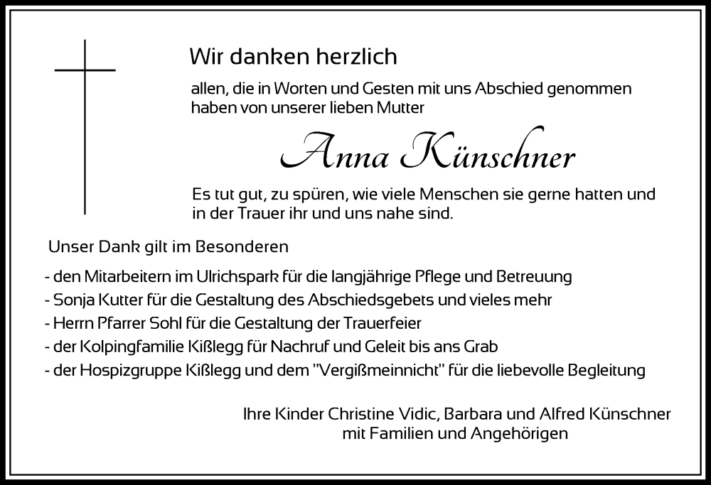  Traueranzeige für Anna Künschner vom 14.02.2026 aus Wangen
