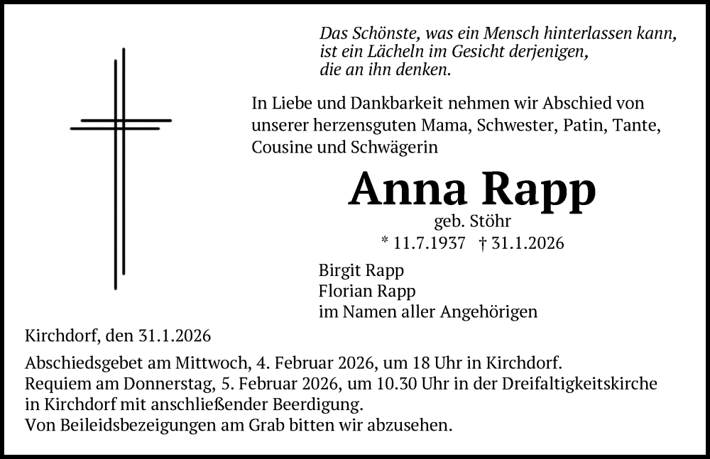  Traueranzeige für Anna Rapp vom 03.02.2026 aus Biberach