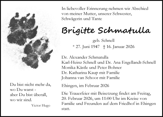 Anzeige von Brigitte Schmatulla von Ehingen