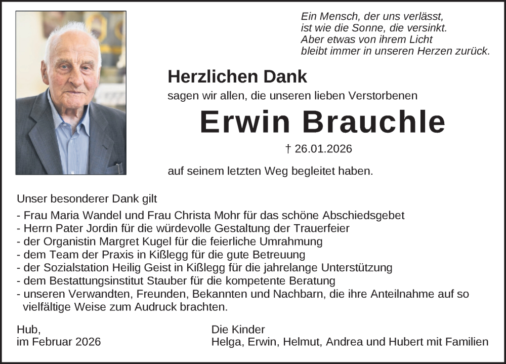  Traueranzeige für Erwin Brauchle vom 14.02.2026 aus Wangen