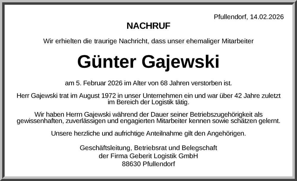  Traueranzeige für Günter Gajewski vom 14.02.2026 aus Bad Saulgau