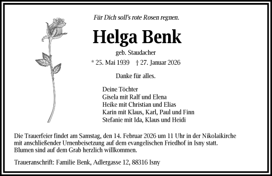 Anzeige von Helga Benk von Leutkirch
