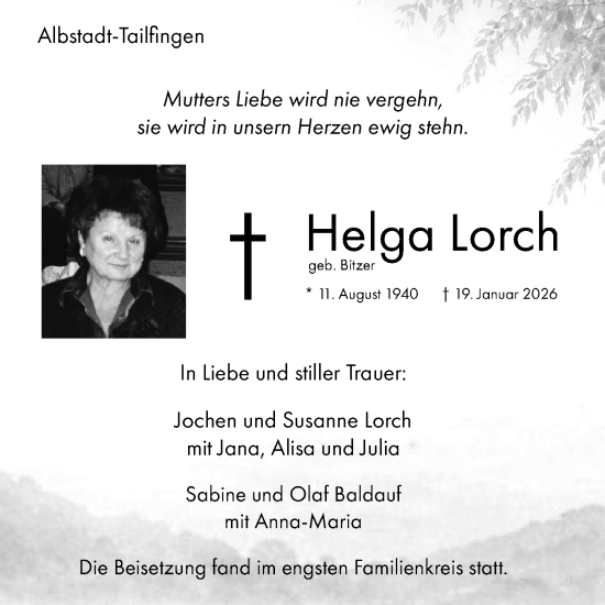 Anzeige von Helga Lorch von Balingen