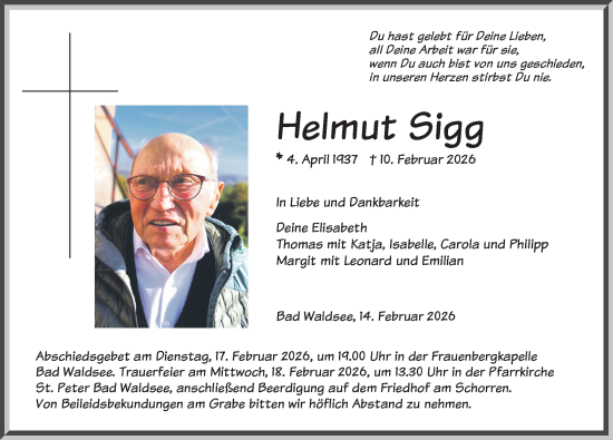 Anzeige von Helmut Sigg von Leutkirch