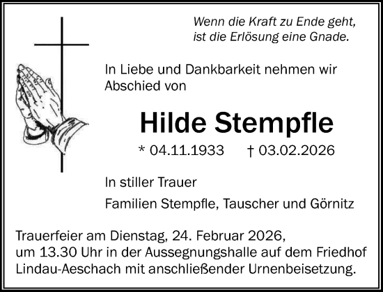 Anzeige von Hilde Stempfle von Lindau