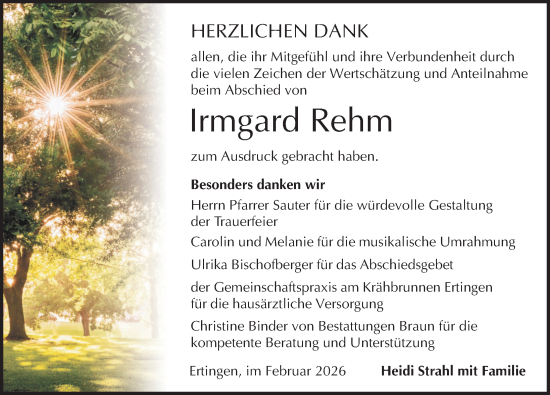 Anzeige von Irmgard Rehm von Riedlingen