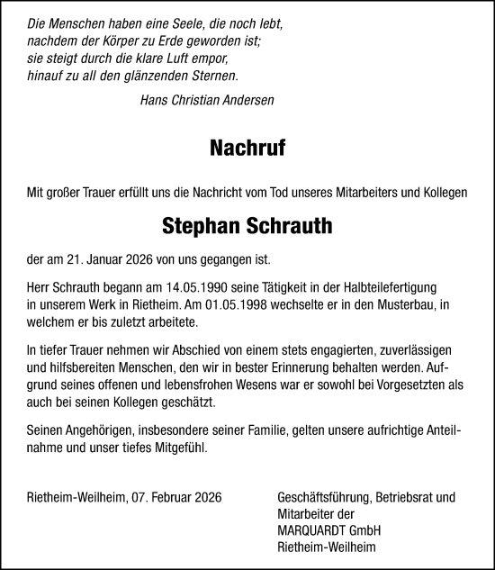 Anzeige von Stephan Schrauth von Tuttlingen, Spaichingen, Trossingen