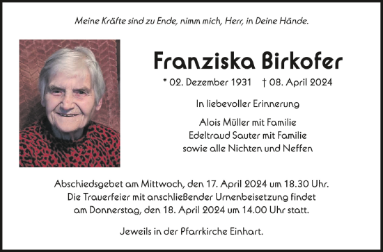 Zur Gedenkseite von Franziska Birkofer