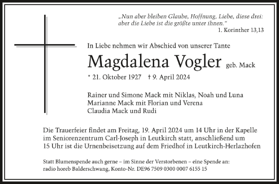 Zur Gedenkseite von Magdalena Vogler