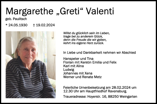 Zur Gedenkseite von Margarethe Valenti