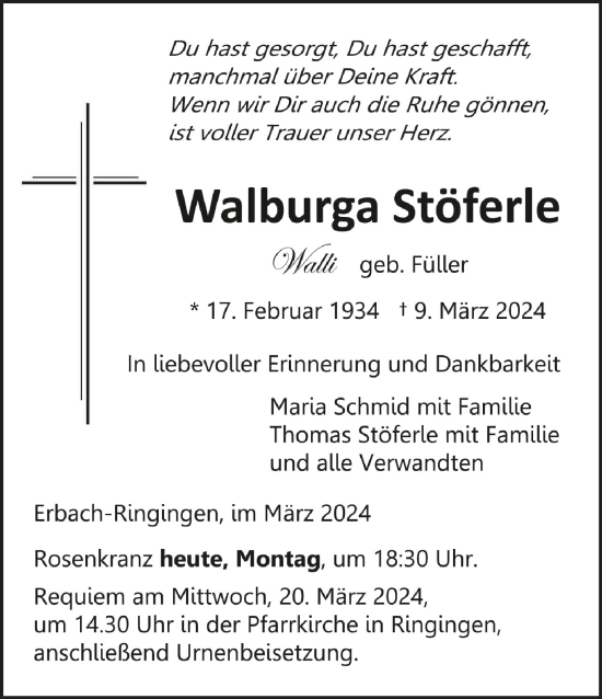 Zur Gedenkseite von Walburga Stöferle
